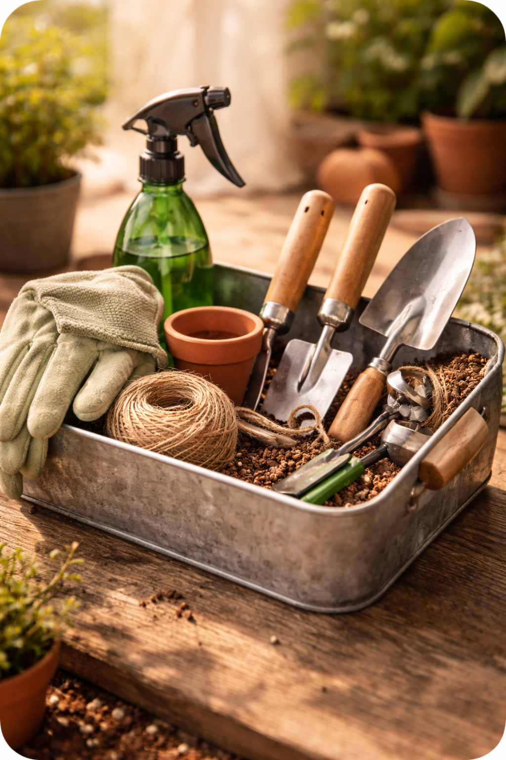 Accesorios de cultivo | Perejil Grow Shop Accesorios de cultivo con herramientas, guantes y pulverizador sobre mesa de madera