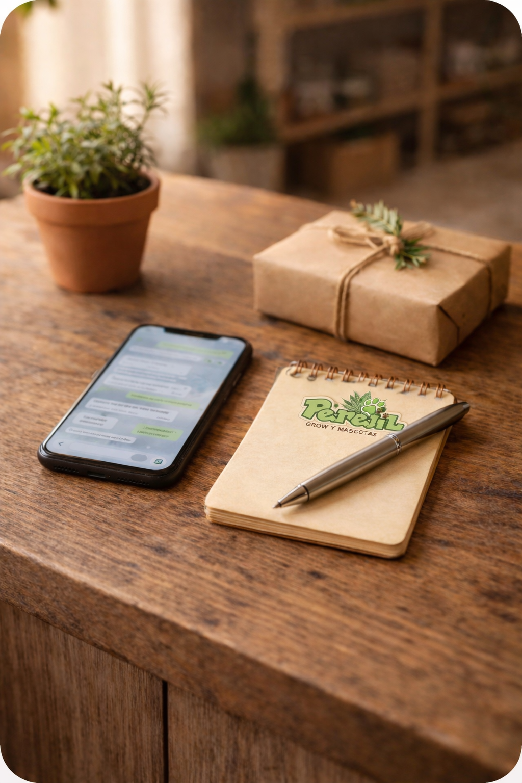 Atención rápida | Perejil Grow Shop Móvil, libreta con logo y paquete sobre mostrador de madera