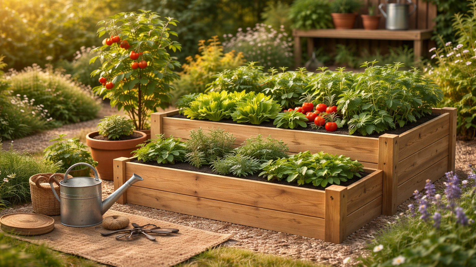Cultivo exterior en jardín con bancales de madera, plantas hortícolas y luz cálida natural