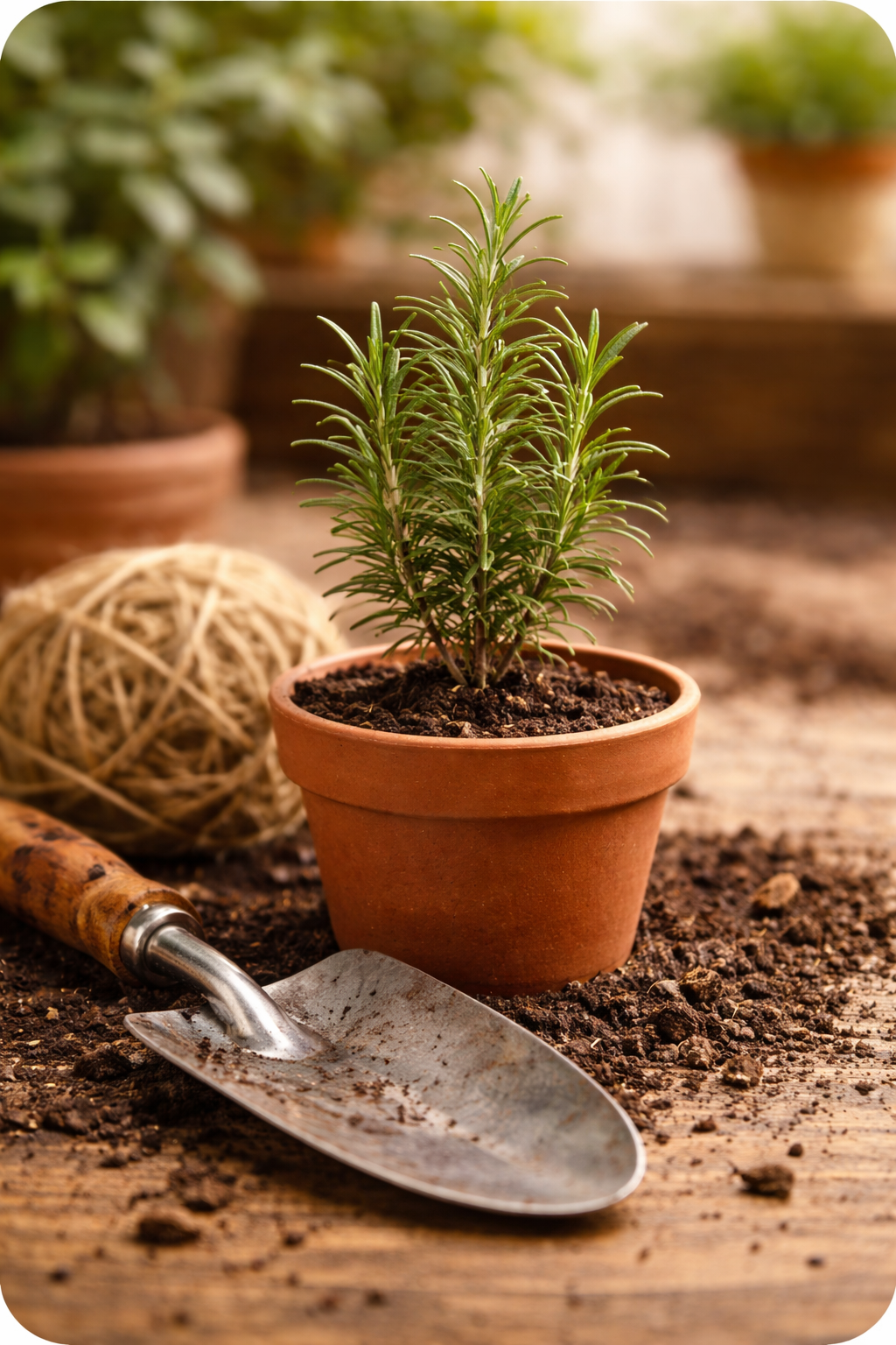 Cultivo con romero | Perejil Grow Shop Planta de romero en maceta con herramienta de jardinería sobre mesa de madera