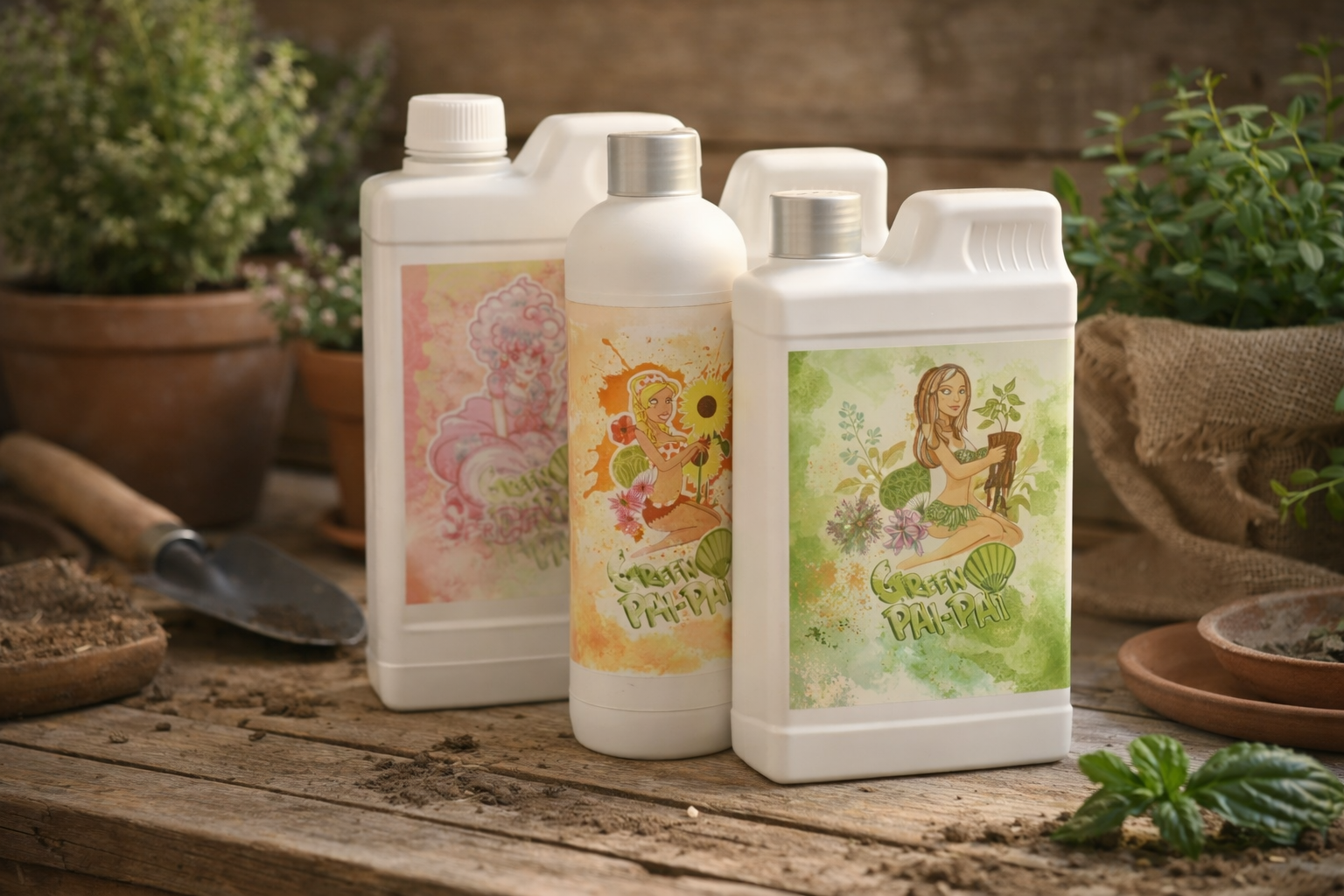 Botellas de fertilizantes y aditivos para cultivo sobre mesa de trabajo en Perejil Grow Shop