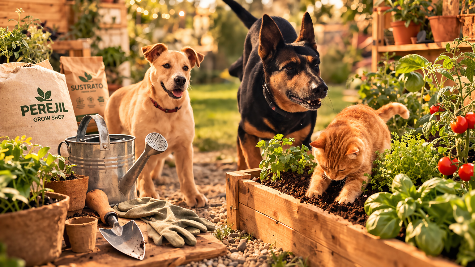 Perros y gato en huerto exterior con bancal de cultivo, herramientas y plantas en luz cálida