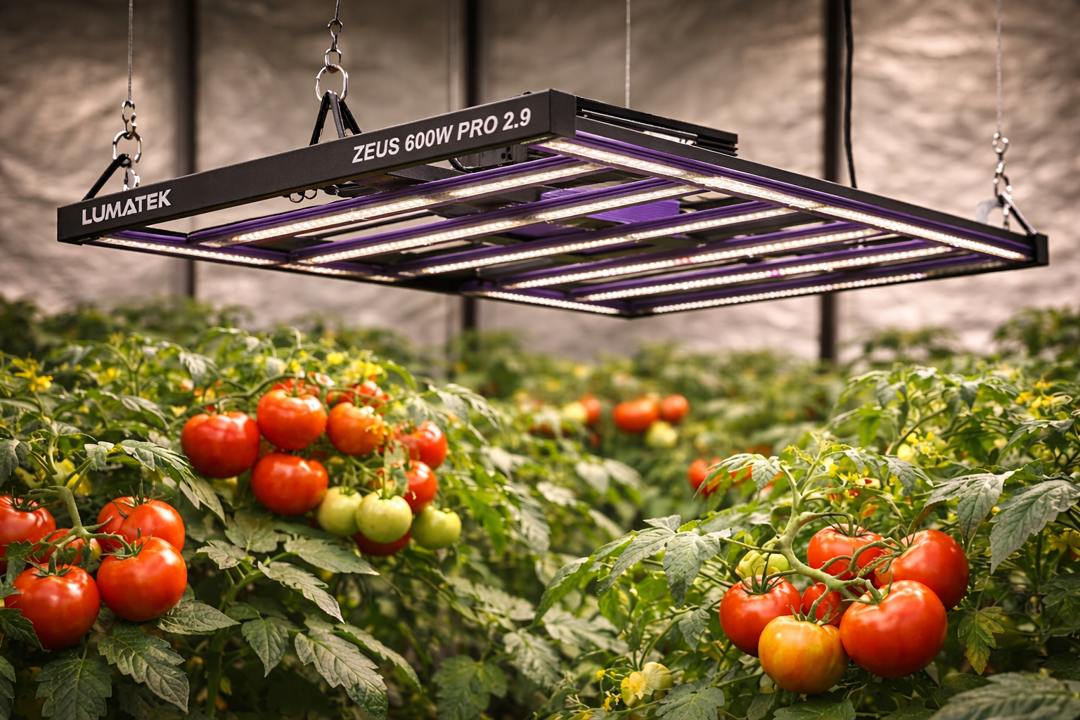 Panel LED Lumatek Zeus 600W Pro 2.9 iluminando plantas de tomate en interior