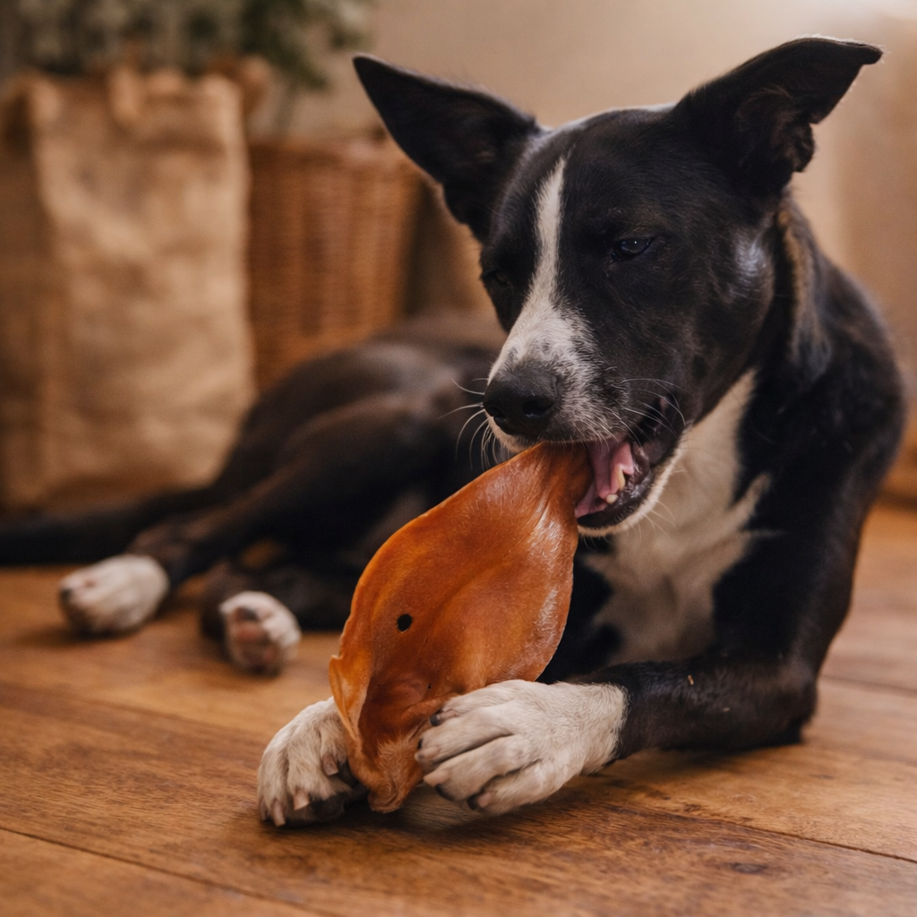 perra disfrutando snack natural para perros en Perejil Grow Shop Requena