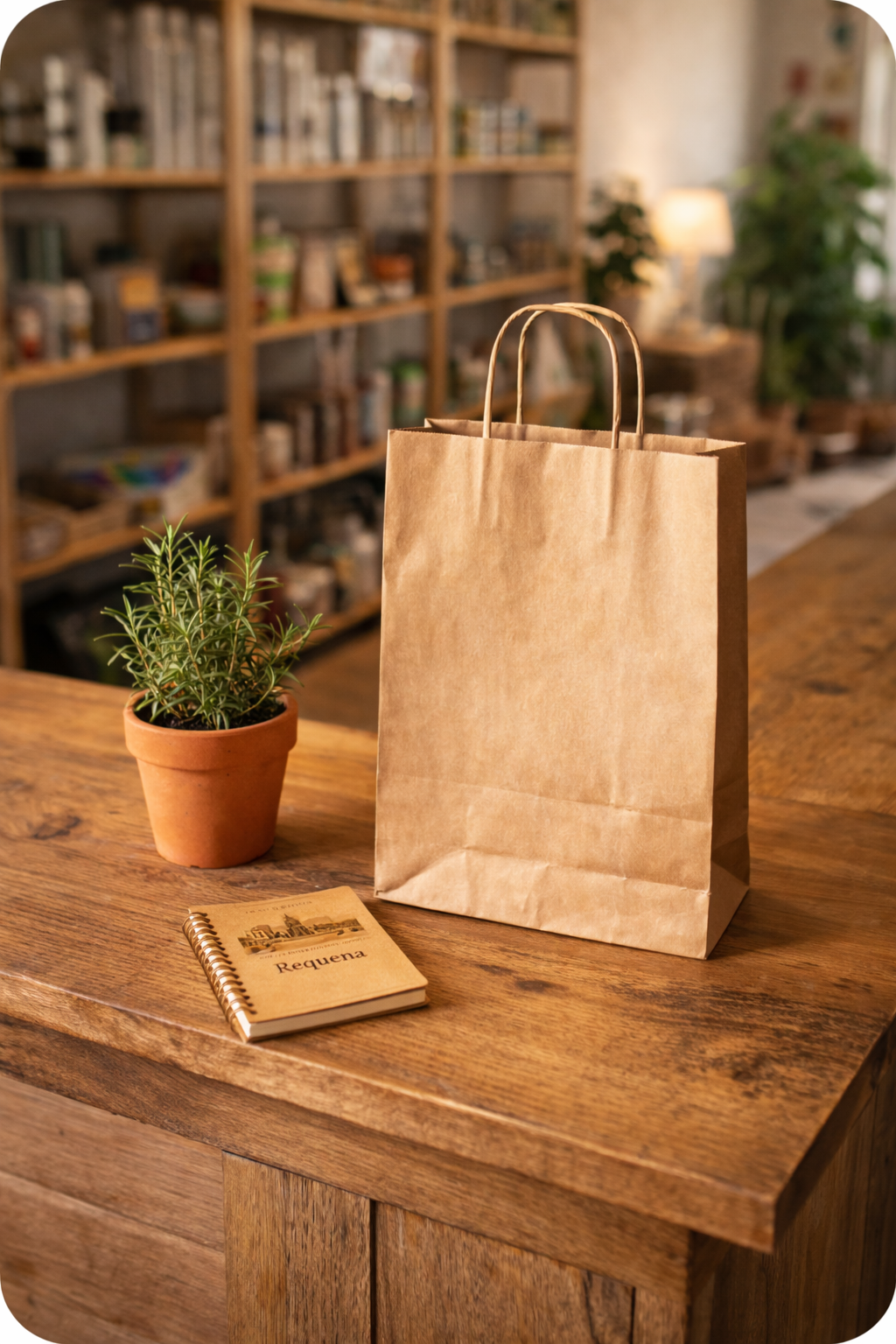 Tienda en Requena | Perejil Grow Shop Mostrador de tienda con bolsa kraft y planta aromática en Requena