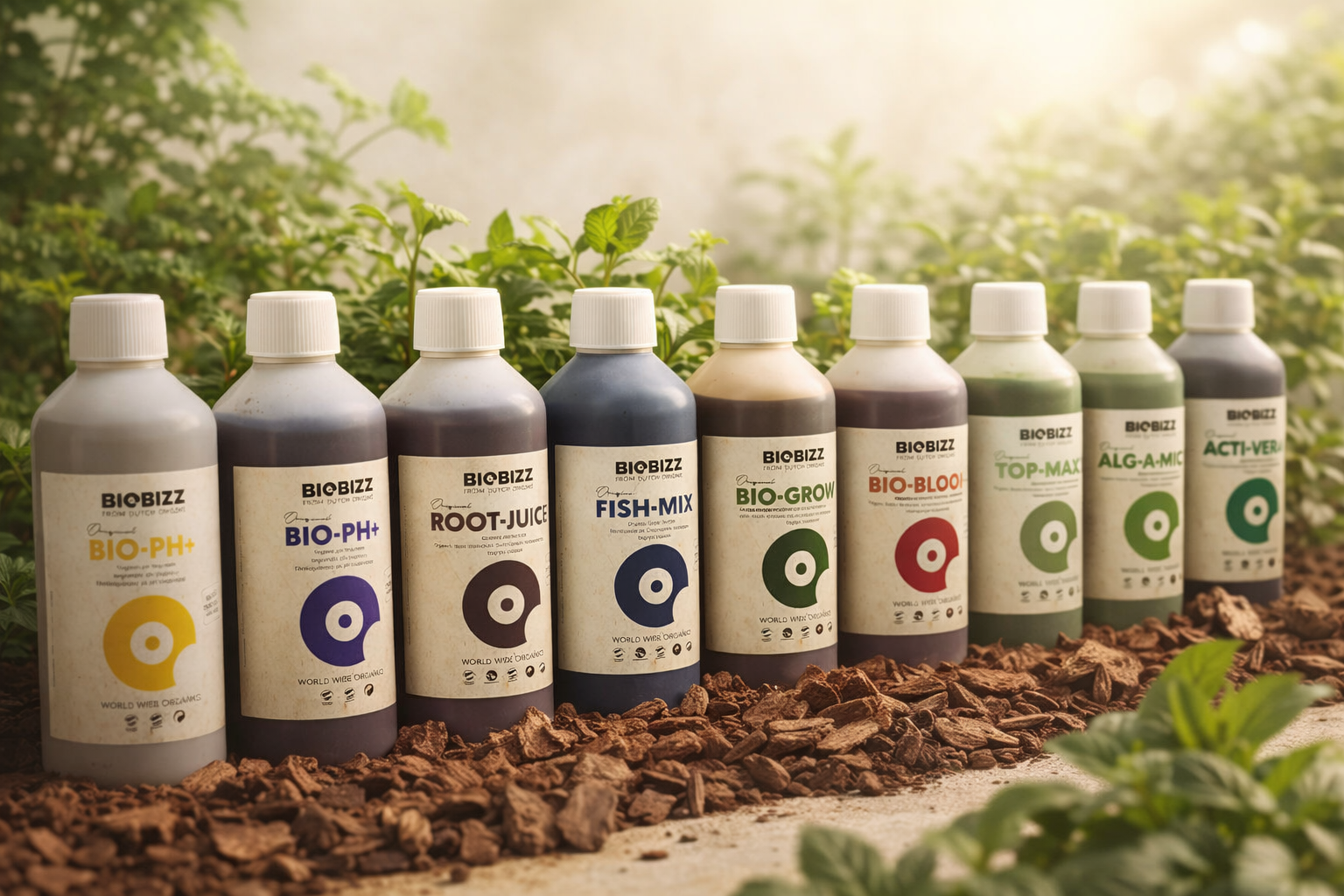 Botellas de Biobizz sobre sustrato en un cultivo en tierra