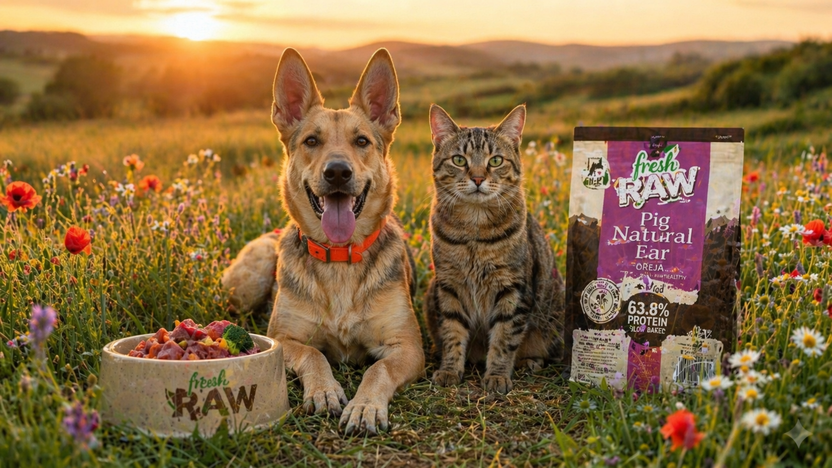 Alimentación natural para perros y gatos | Perejil Grow Shop Perra y gato junto a alimento natural para mascotas en un prado al atardecer
