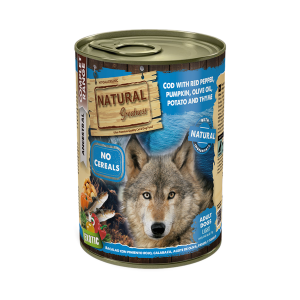 Lata Natural Greatness Bacalao con Pimiento Rojo Calabaza Aceite de Oliva Patata y Tomillo 390 g para perros