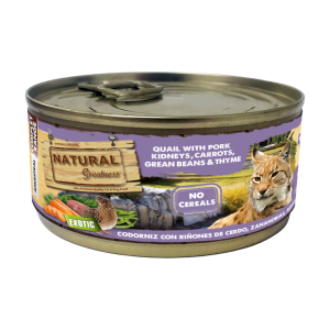 Lata Natural Greatness Codorniz con Riñones de Cerdo, Zanahorias, Judías y Tomillo 170 g para gatos