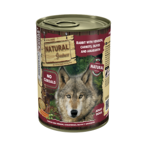 Lata Natural Greatness Conejo con Venado Zanahorias Aceitunas y Amaranto 400 g para perros