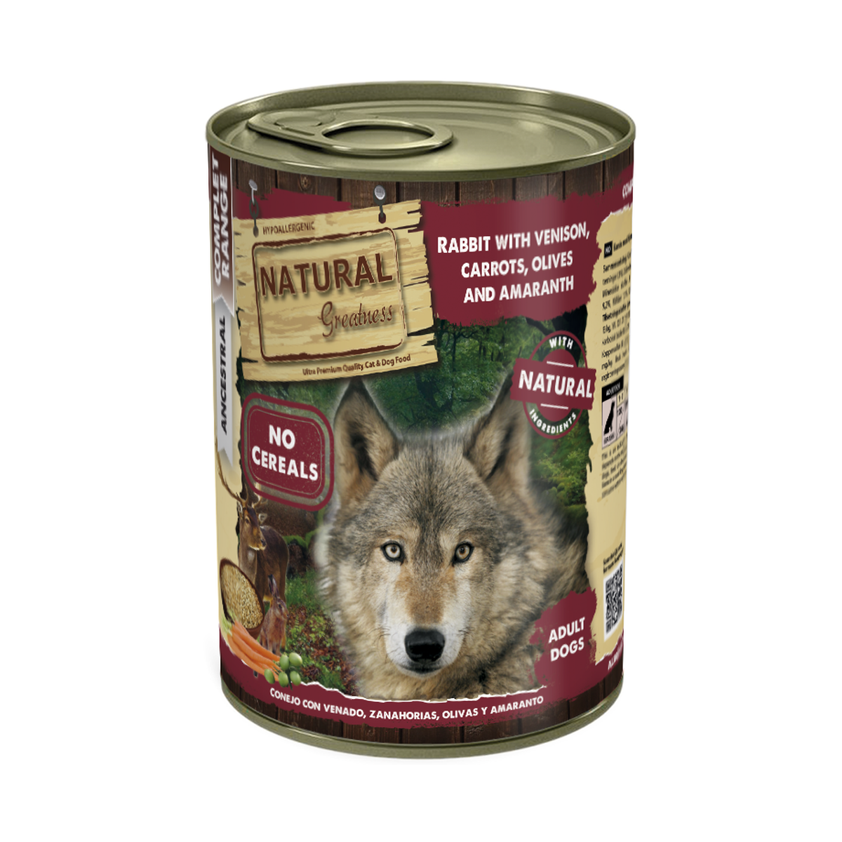Lata Natural Greatness Conejo con Venado Zanahorias Aceitunas y Amaranto 400 g para perros