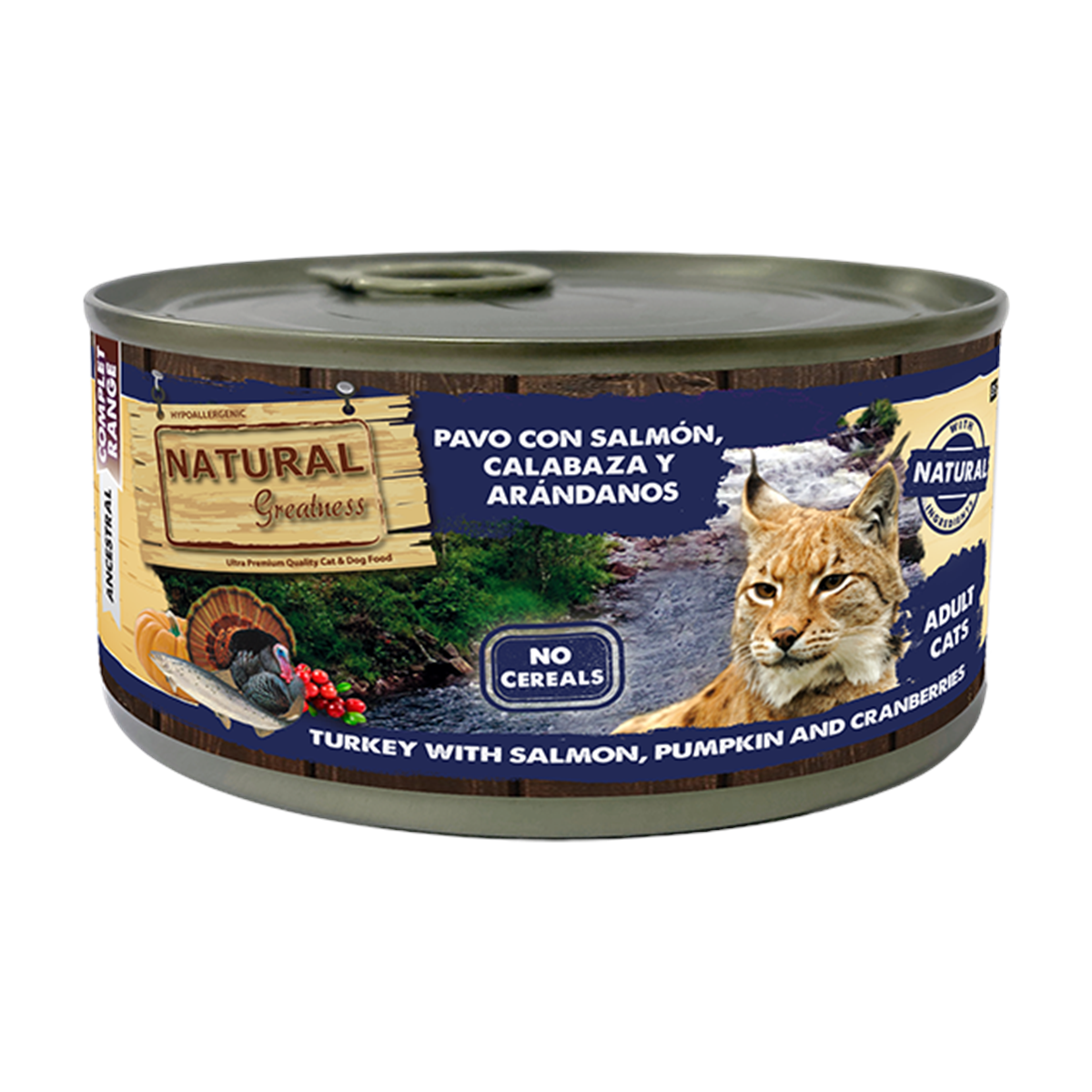 Lata Natural Greatness Pavo con Salmón, Calabaza y Arándanos 185 g para gatos