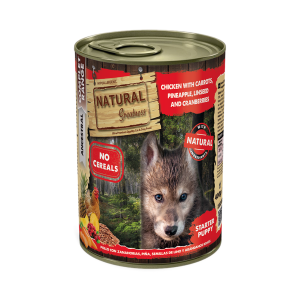 Lata Natural Greatness Pollo con Zanahorias Piña Semillas de Lino y Arándanos Rojos 400 g para cachorros