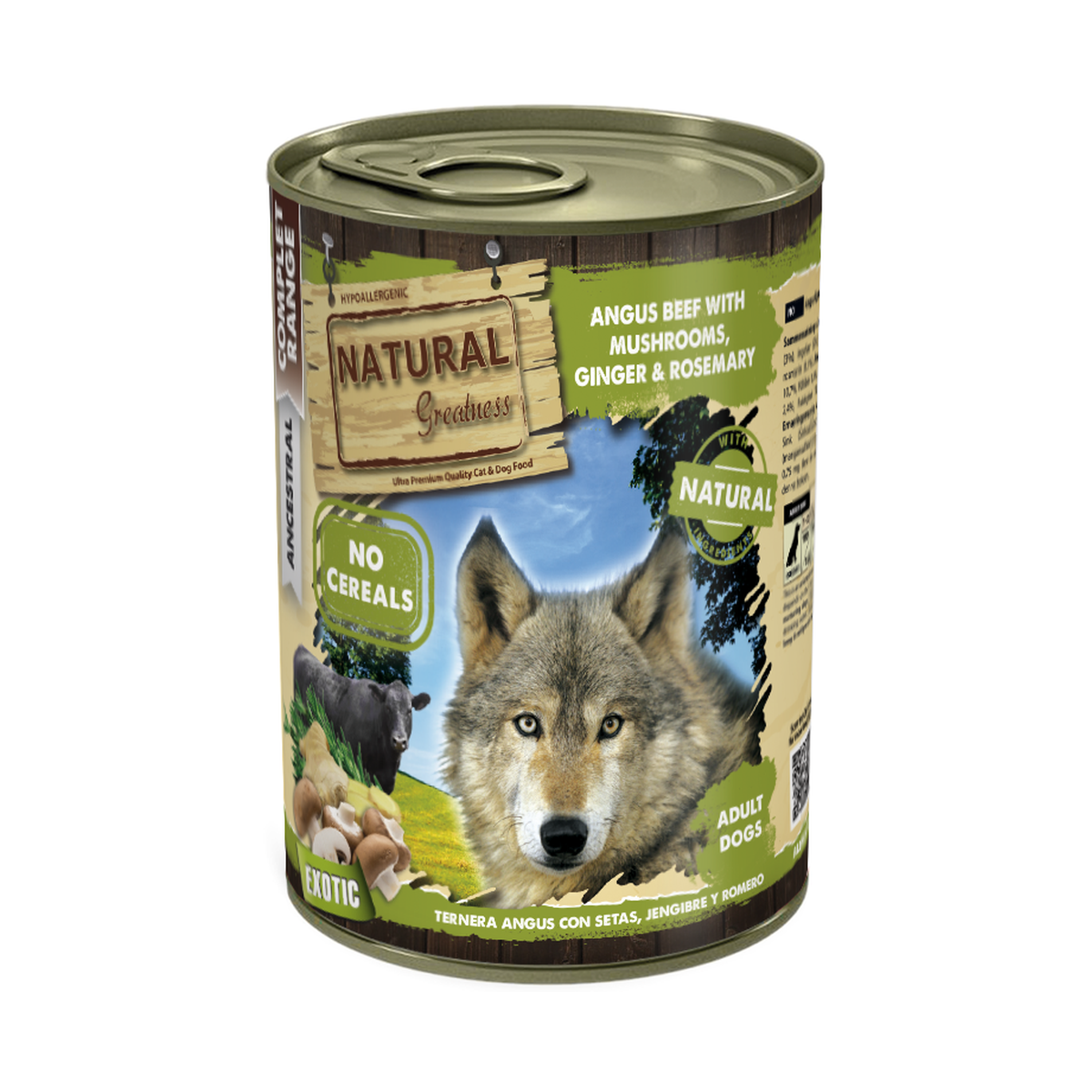 Lata Natural Greatness Ternera Angus con Setas Jengibre y Romero 400 g para perros