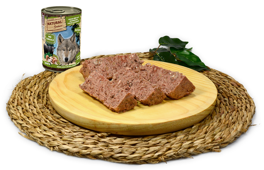 Textura de Natural Greatness Ternera Angus con Setas Jengibre y Romero para perros