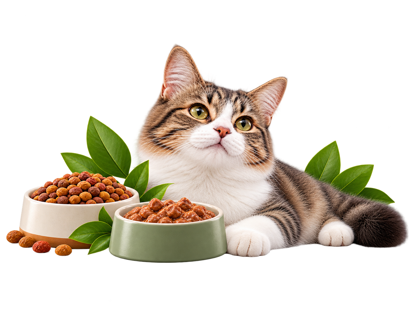 Gato atigrado junto a cuencos de comida para gatos Gato atigrado junto a cuencos de comida para gatos
