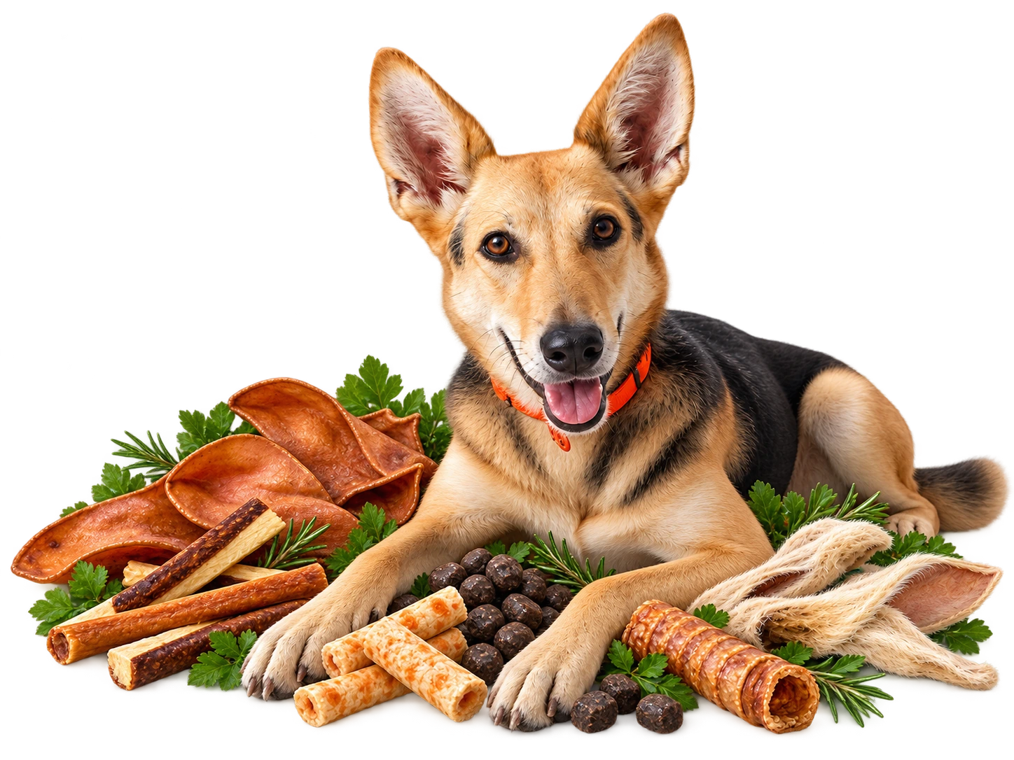Snacks naturales para perros con Hada Hada junto a una selección de snacks naturales para perros